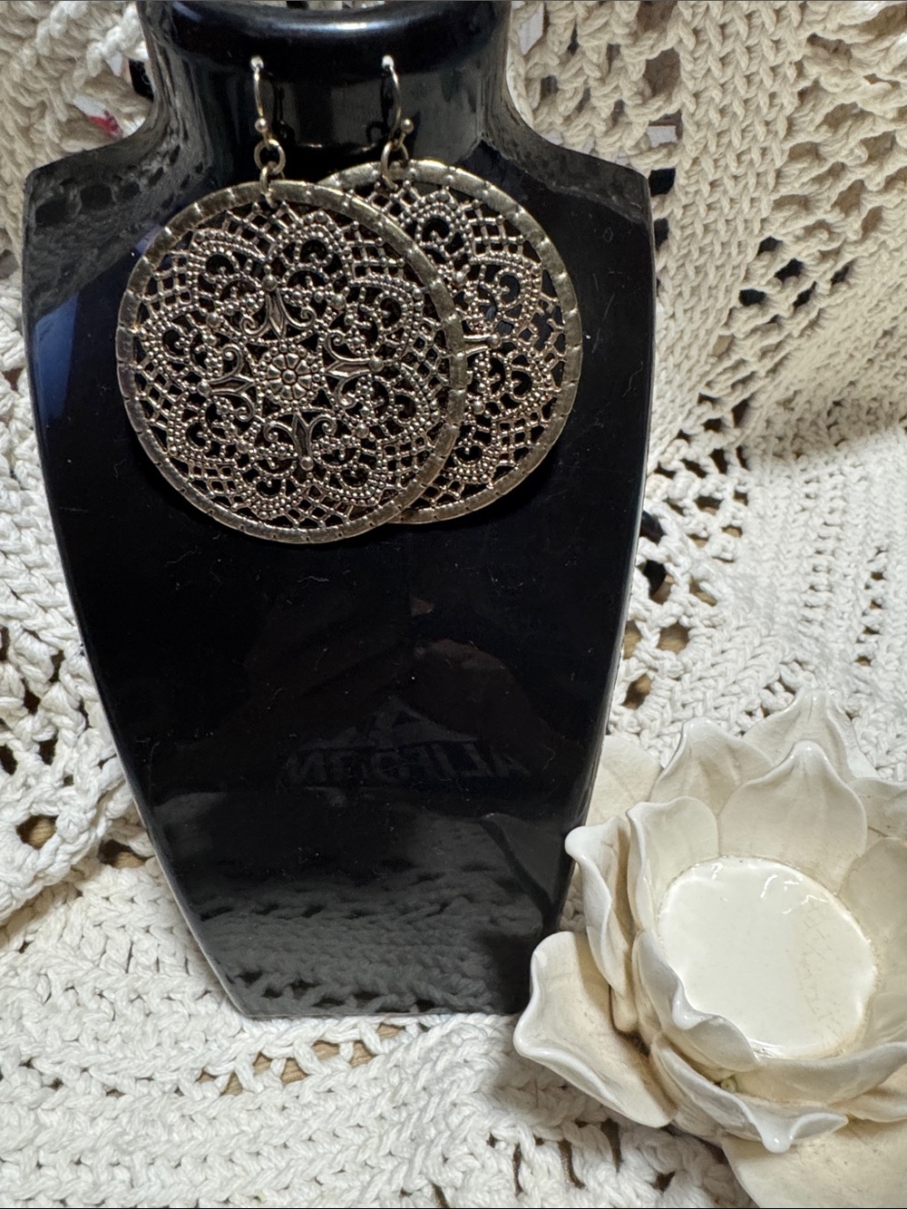 Filigree Round Drop Earrings - Silver Tone